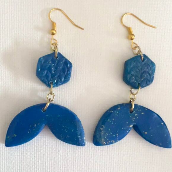 Artisan Blue Mermaid Tail Textured Clay Dangle Earrings 2.5" Long - Picture 1 of 1